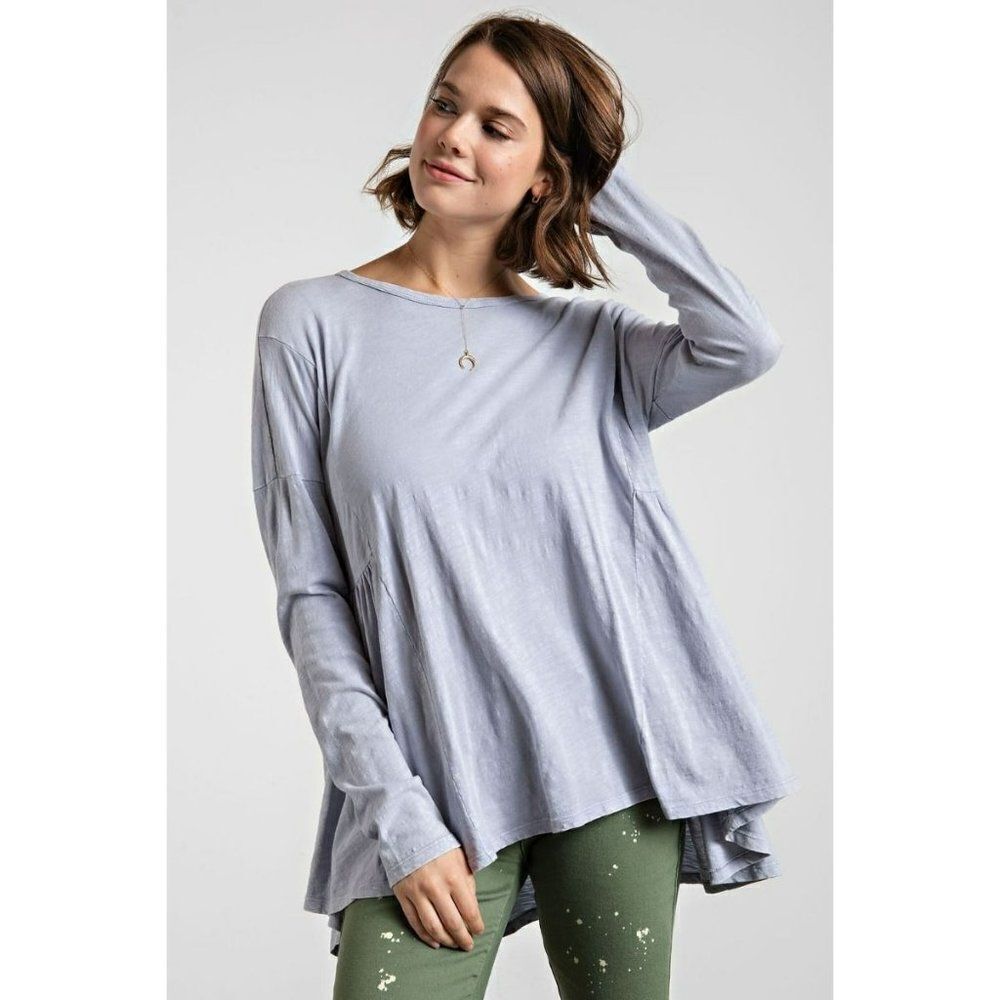 Easel Oversized Washed Cotton Long Sleeve Tunic Top in Cloud Blue S-L ET18211